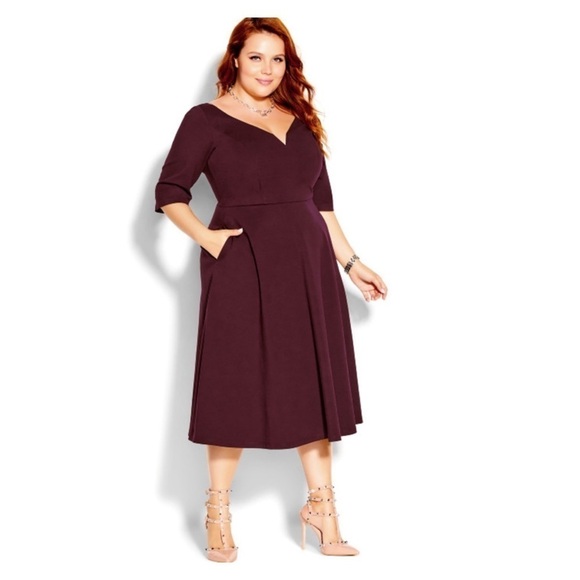 NEW CITY CHIC Cute Girl Fit and Flare Elbow Sleeve Midi Dress Burgundy Size 22 - Picture 3 of 9